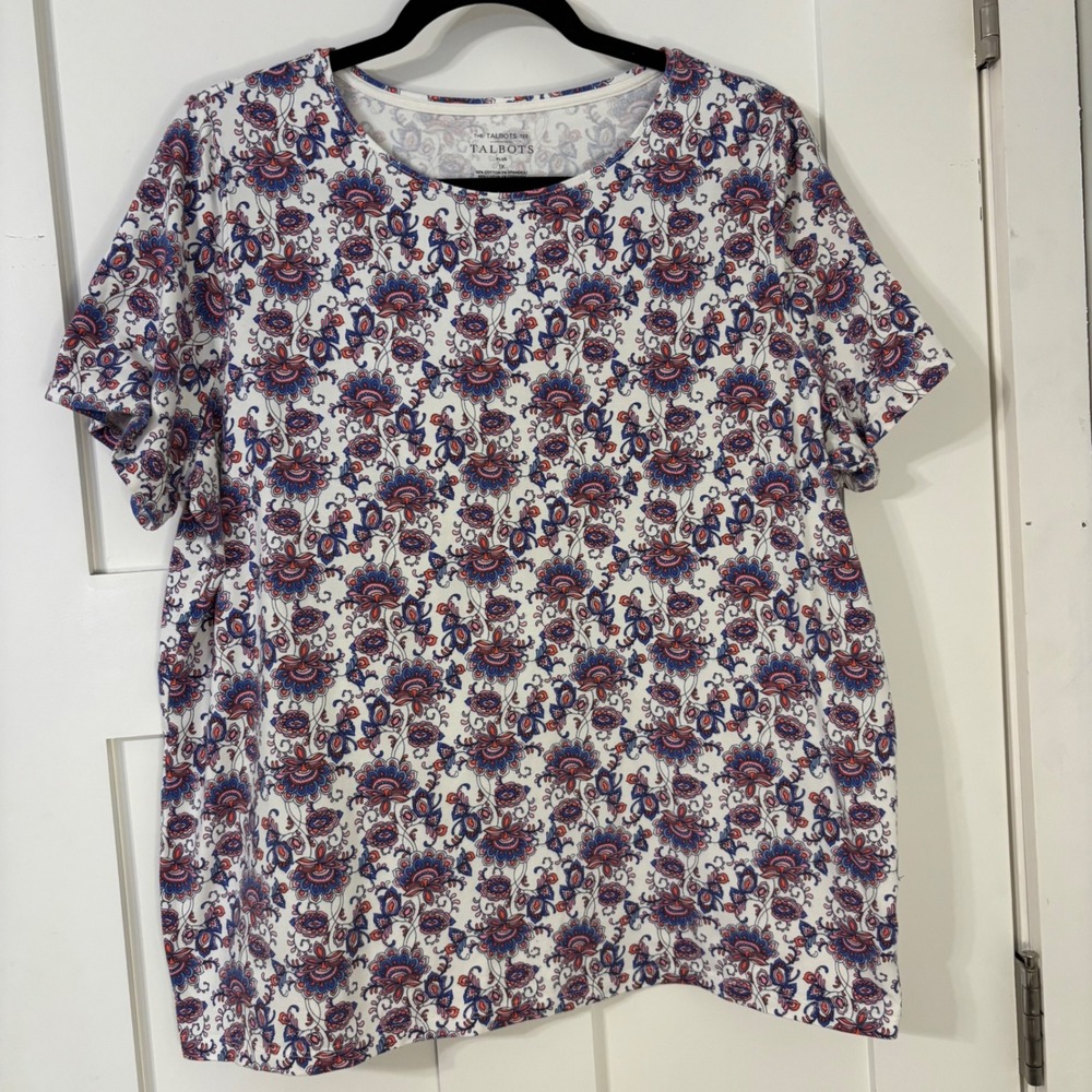 Talbots 1X Floral Paisley Print Short Sleeve Tee‎ White Blue Pink casual floral